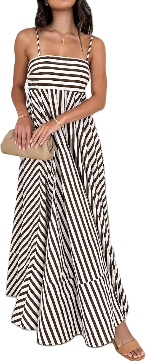 NUFIWI Women Striped Swing Maxi Dress Spaghetti Strap Backless Smocked Midi Long Dress Boho Flowy Beach Sundress