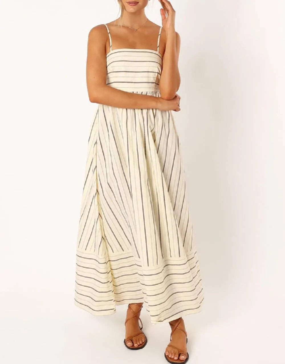 NUFIWI Women Striped Swing Maxi Dress Spaghetti Strap Backless Smocked Midi Long Dress Boho Flowy Beach Sundress