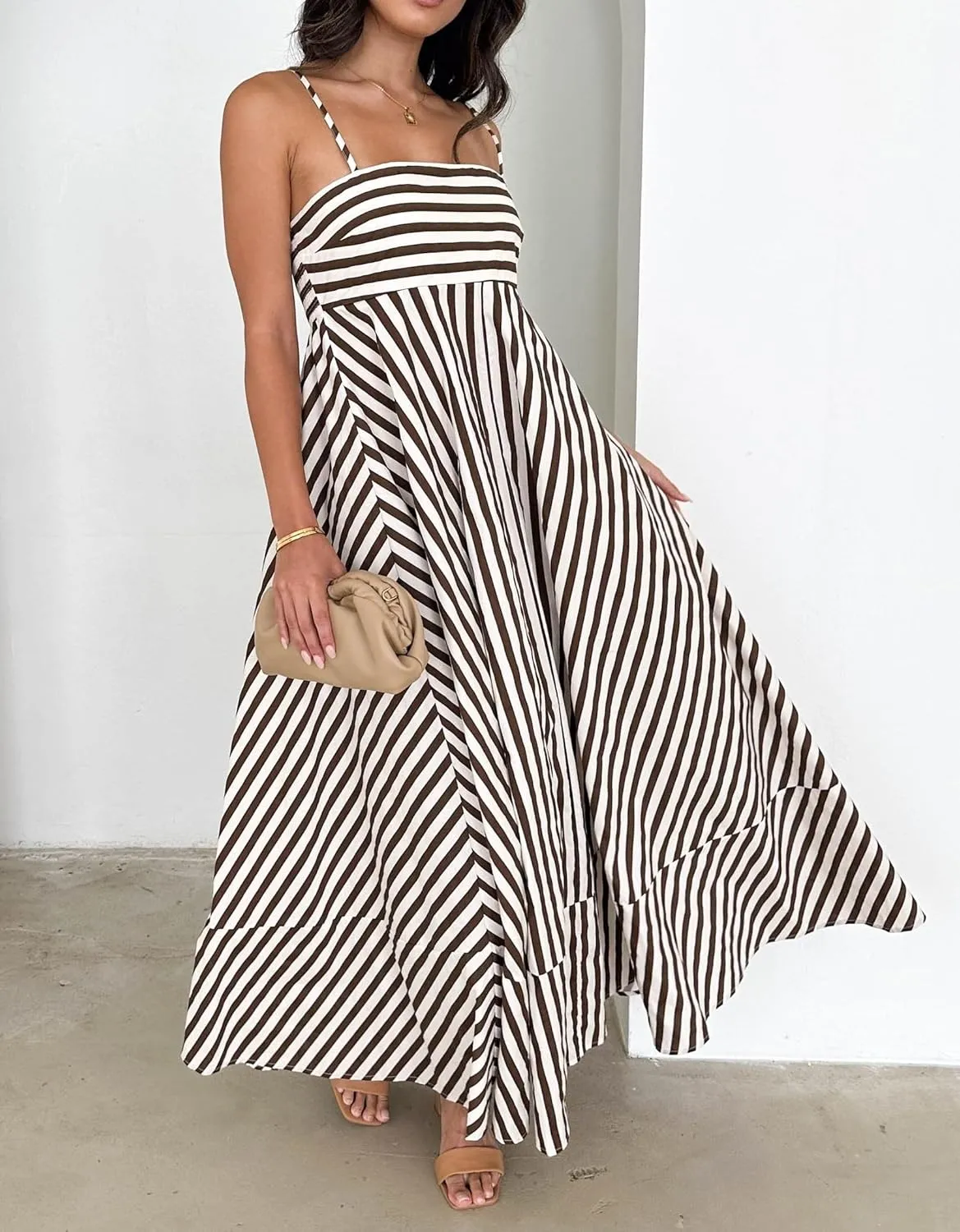 NUFIWI Women Striped Swing Maxi Dress Spaghetti Strap Backless Smocked Midi Long Dress Boho Flowy Beach Sundress