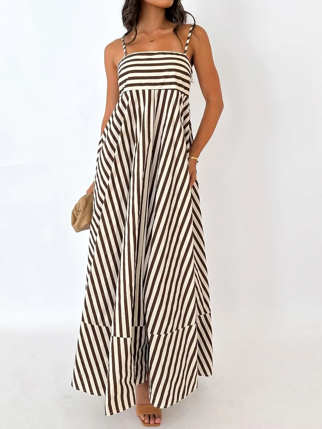 NUFIWI Women Striped Swing Maxi Dress Spaghetti Strap Backless Smocked Midi Long Dress Boho Flowy Beach Sundress
