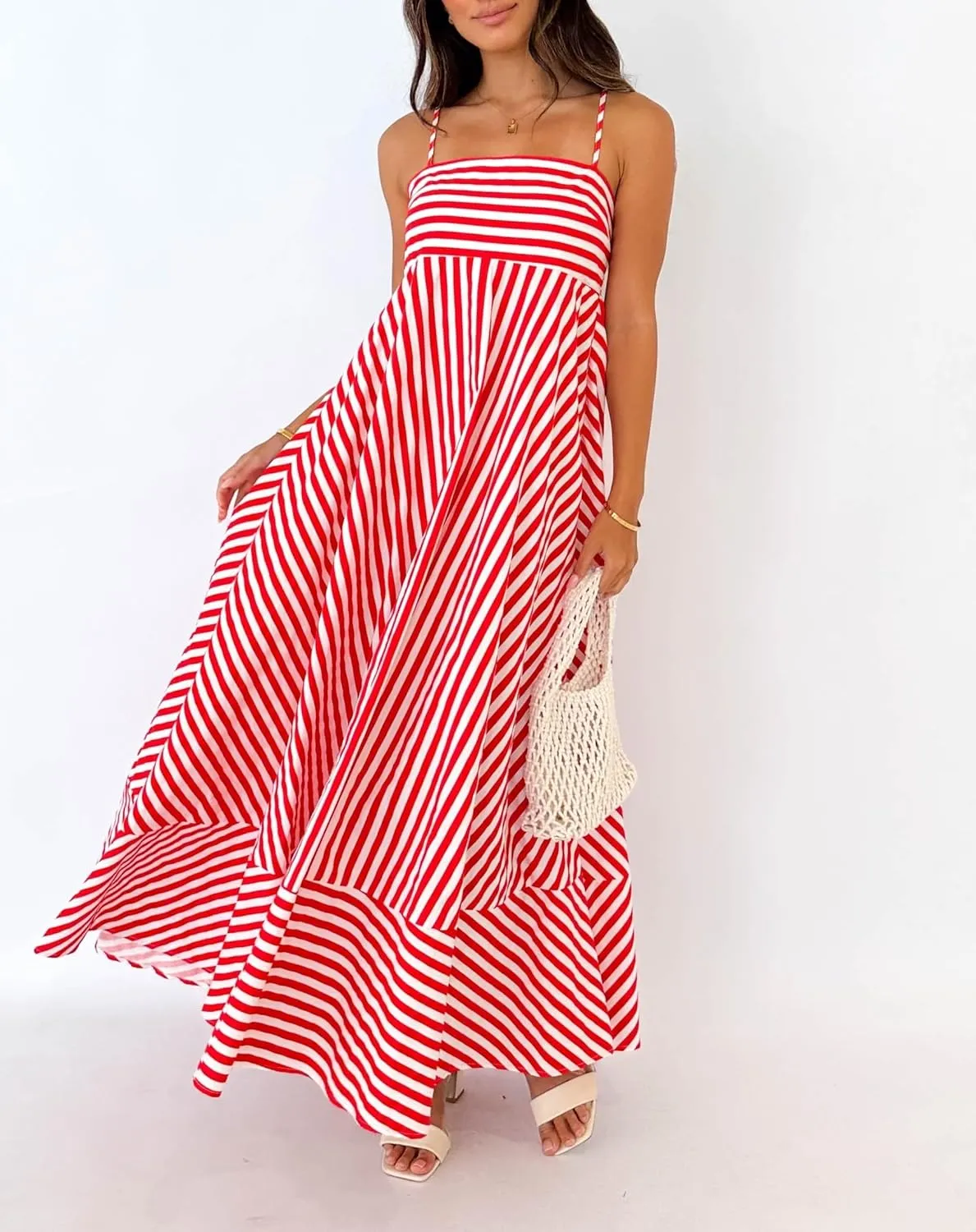 NUFIWI Women Striped Swing Maxi Dress Spaghetti Strap Backless Smocked Midi Long Dress Boho Flowy Beach Sundress