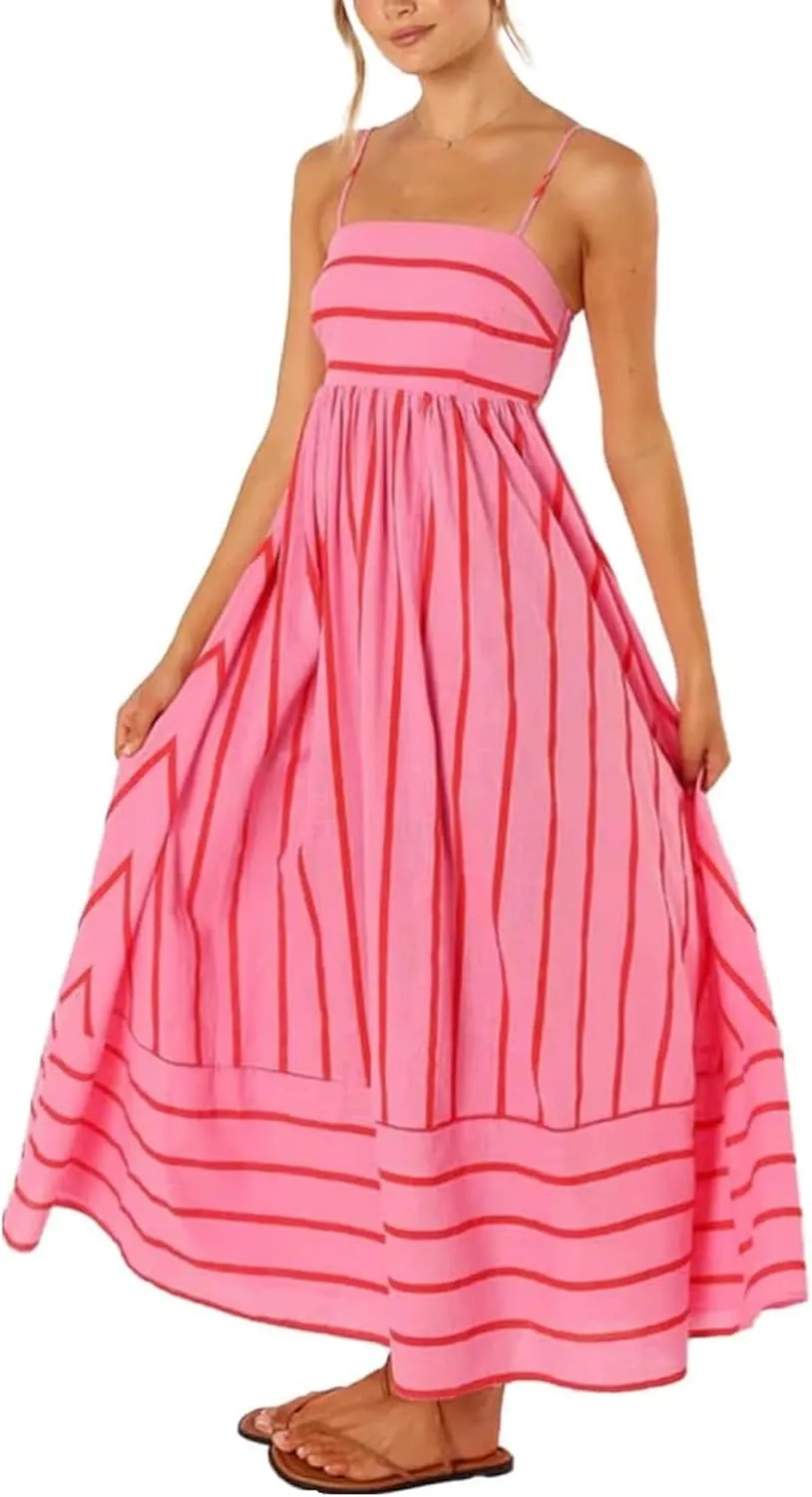 NUFIWI Women Striped Swing Maxi Dress Spaghetti Strap Backless Smocked Midi Long Dress Boho Flowy Beach Sundress