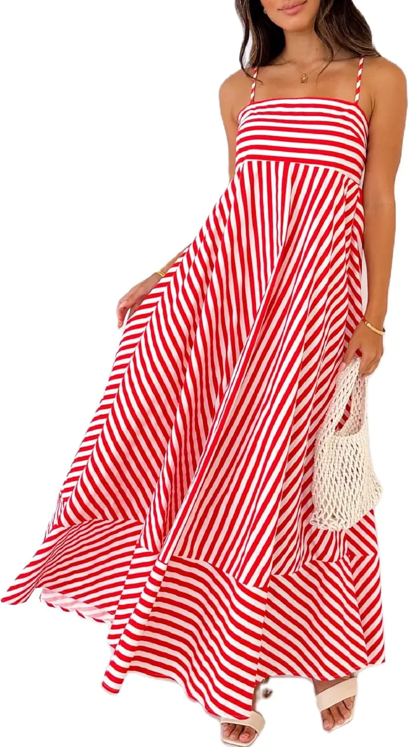 NUFIWI Women Striped Swing Maxi Dress Spaghetti Strap Backless Smocked Midi Long Dress Boho Flowy Beach Sundress