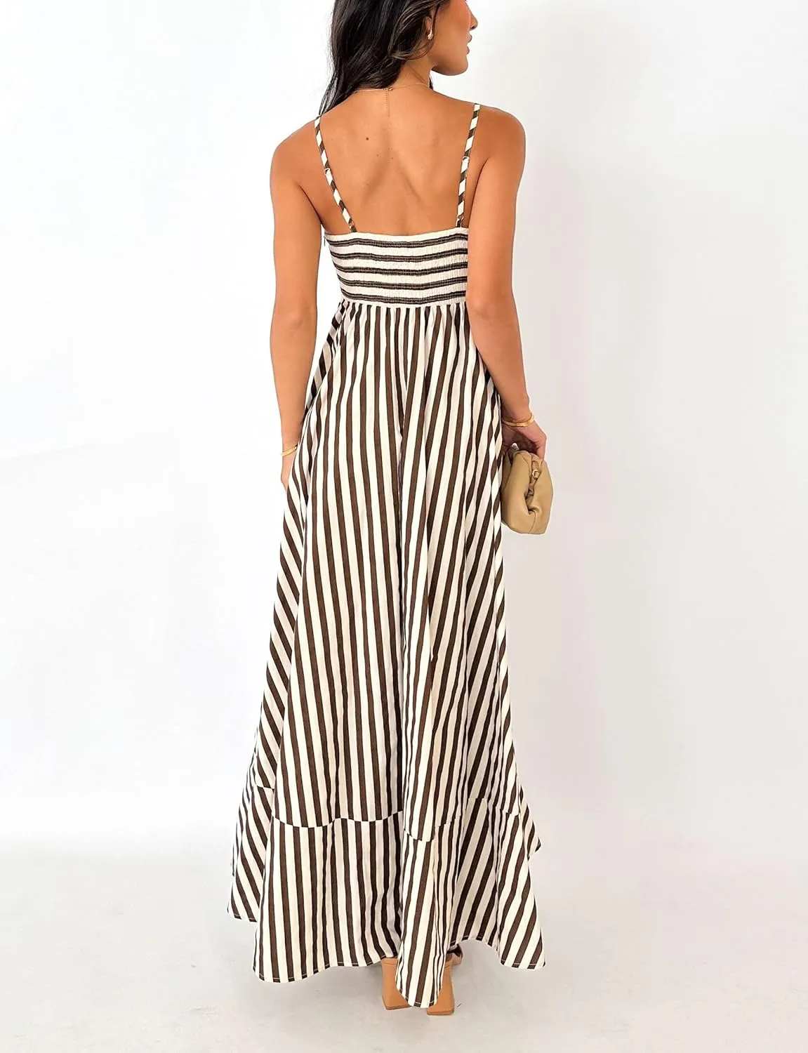 NUFIWI Women Striped Swing Maxi Dress Spaghetti Strap Backless Smocked Midi Long Dress Boho Flowy Beach Sundress