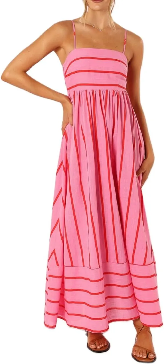 NUFIWI Women Striped Swing Maxi Dress Spaghetti Strap Backless Smocked Midi Long Dress Boho Flowy Beach Sundress