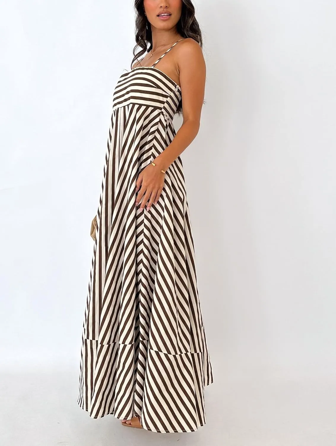 NUFIWI Women Striped Swing Maxi Dress Spaghetti Strap Backless Smocked Midi Long Dress Boho Flowy Beach Sundress