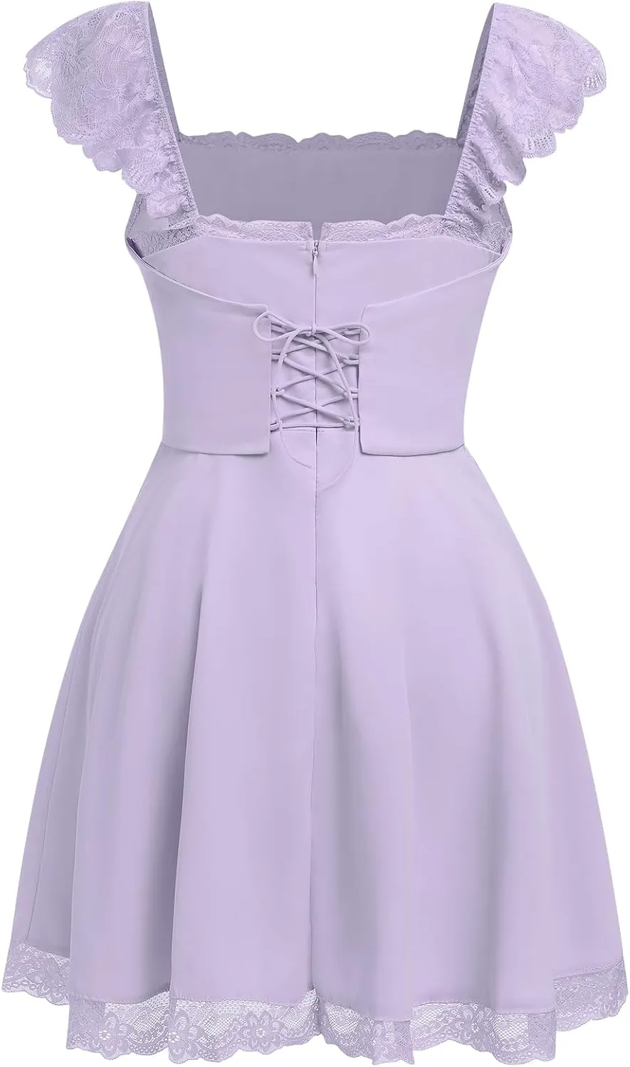 OBEEII Women's Square Neck Strap Lace Mini Dress Flowy A-Line Ruffle Swing Casual Summer Short Dress Party Graduation Dress