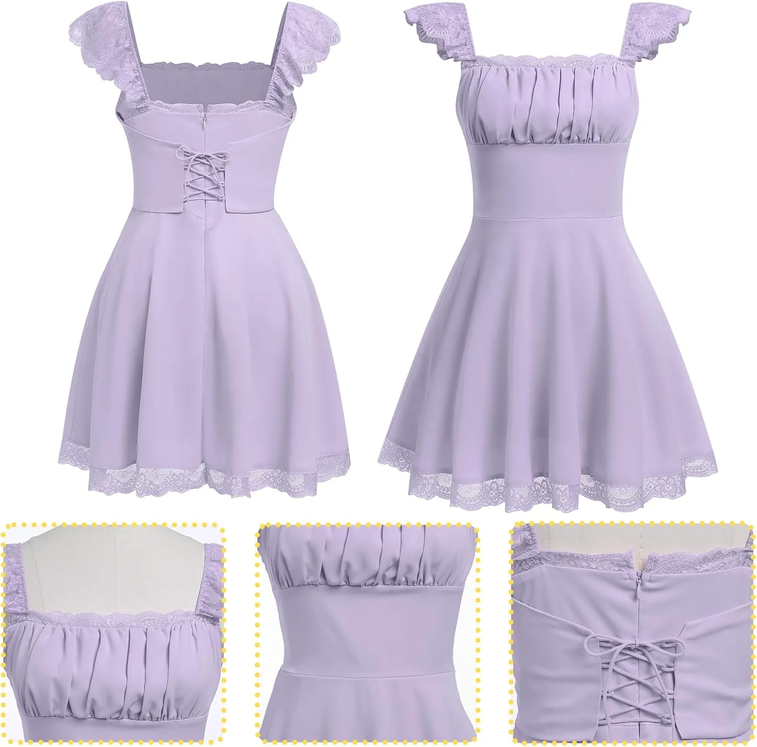 OBEEII Women's Square Neck Strap Lace Mini Dress Flowy A-Line Ruffle Swing Casual Summer Short Dress Party Graduation Dress