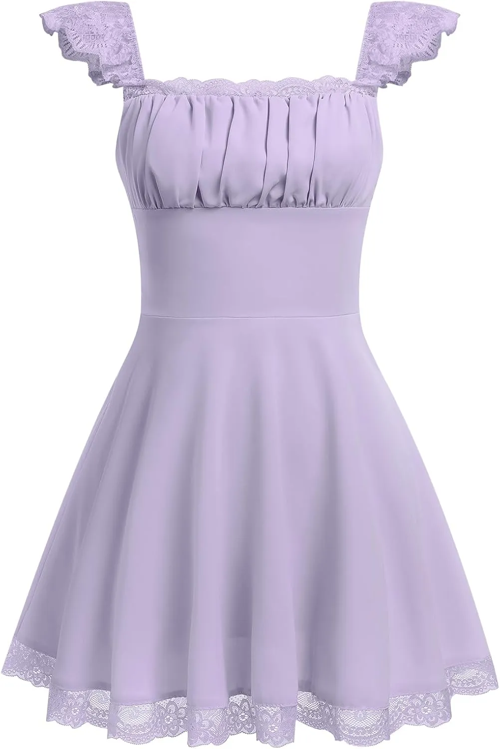 OBEEII Women's Square Neck Strap Lace Mini Dress Flowy A-Line Ruffle Swing Casual Summer Short Dress Party Graduation Dress