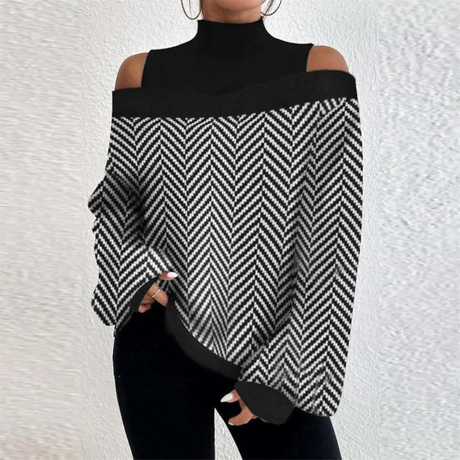 Off The Shoulder Tops for Women Halter Turtleneck Printed Pullover Tunic Tops Casual Long Sleeve Tee Shirts Blouse