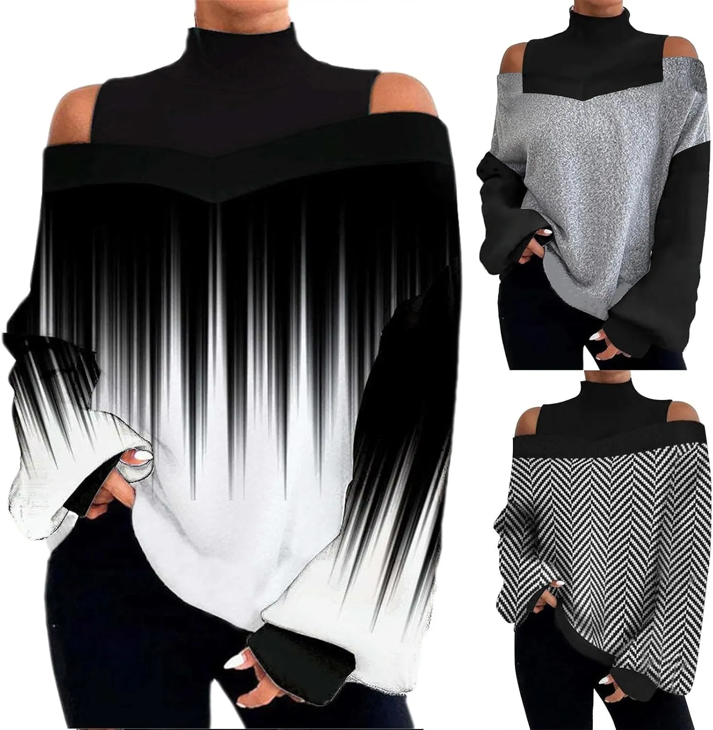 Off The Shoulder Tops for Women Halter Turtleneck Printed Pullover Tunic Tops Casual Long Sleeve Tee Shirts Blouse