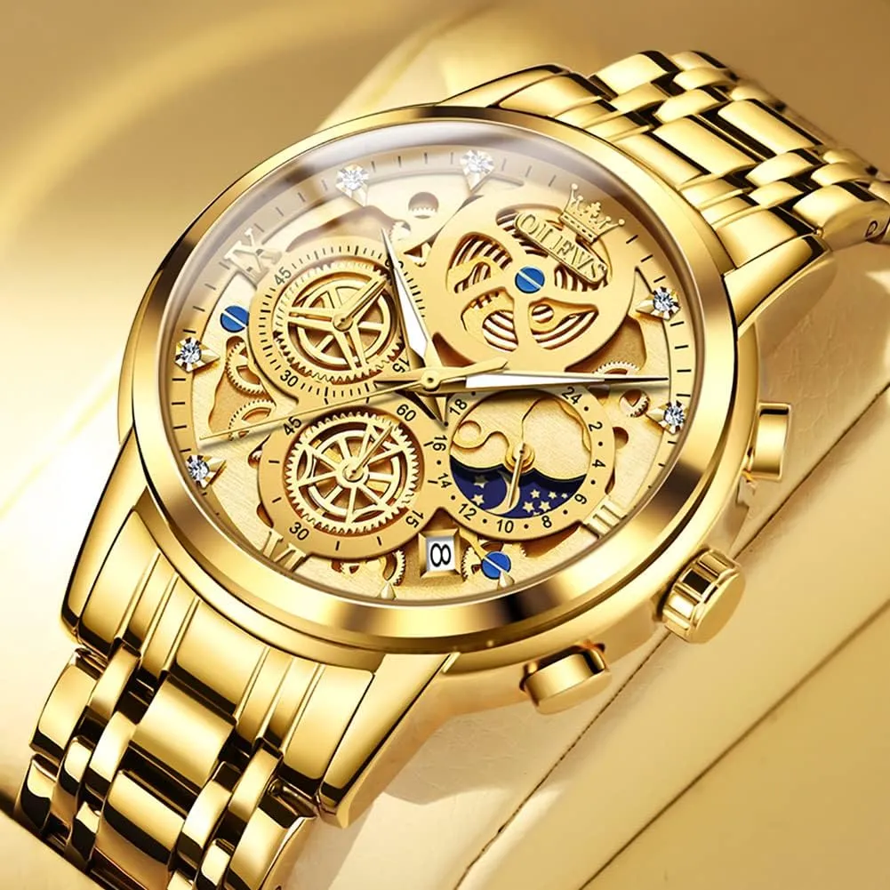 OLEVS Mens Watch Chronograph Luxury Diamond Dress Business Analog Quartz Wrist Watches Stainless Steel Waterproof Luminous