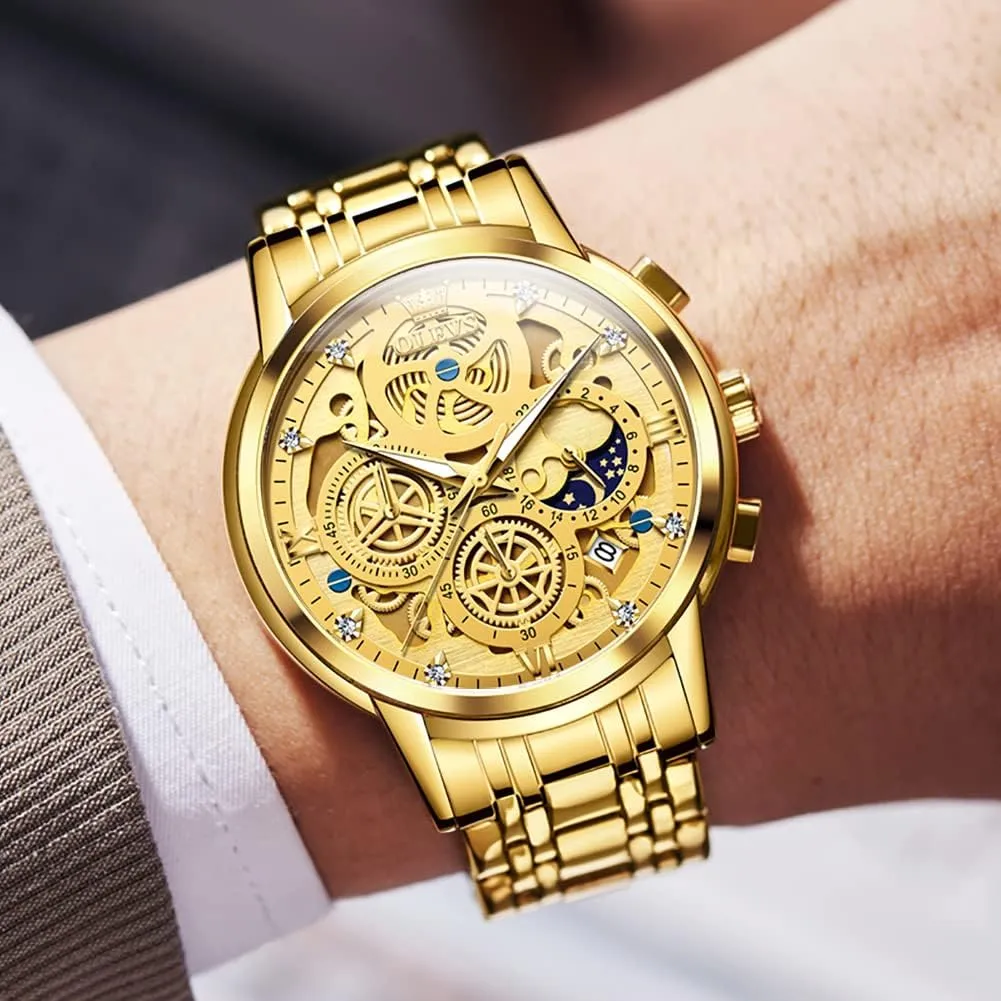 OLEVS Mens Watch Chronograph Luxury Diamond Dress Business Analog Quartz Wrist Watches Stainless Steel Waterproof Luminous