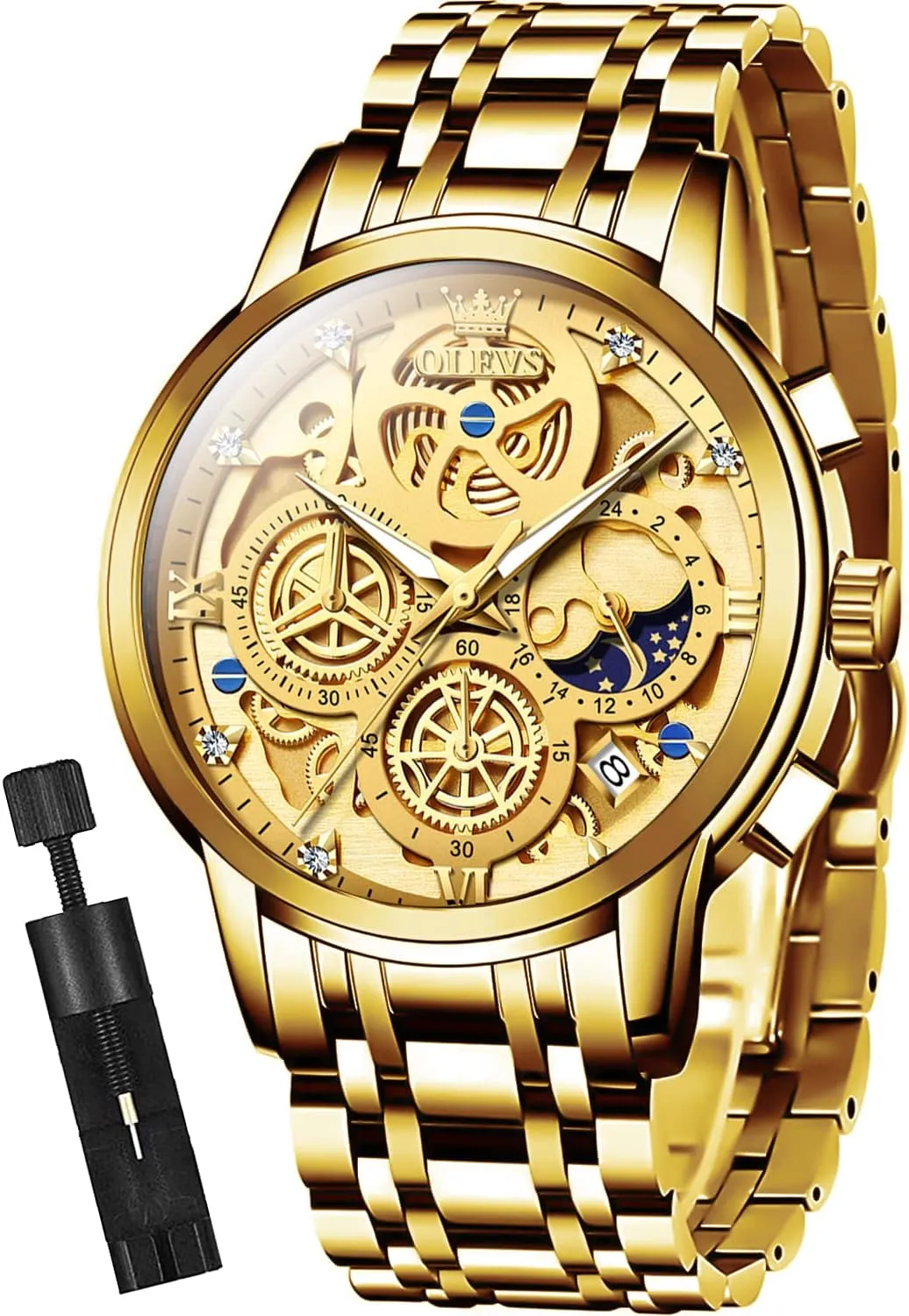OLEVS Mens Watch Chronograph Luxury Diamond Dress Business Analog Quartz Wrist Watches Stainless Steel Waterproof Luminous