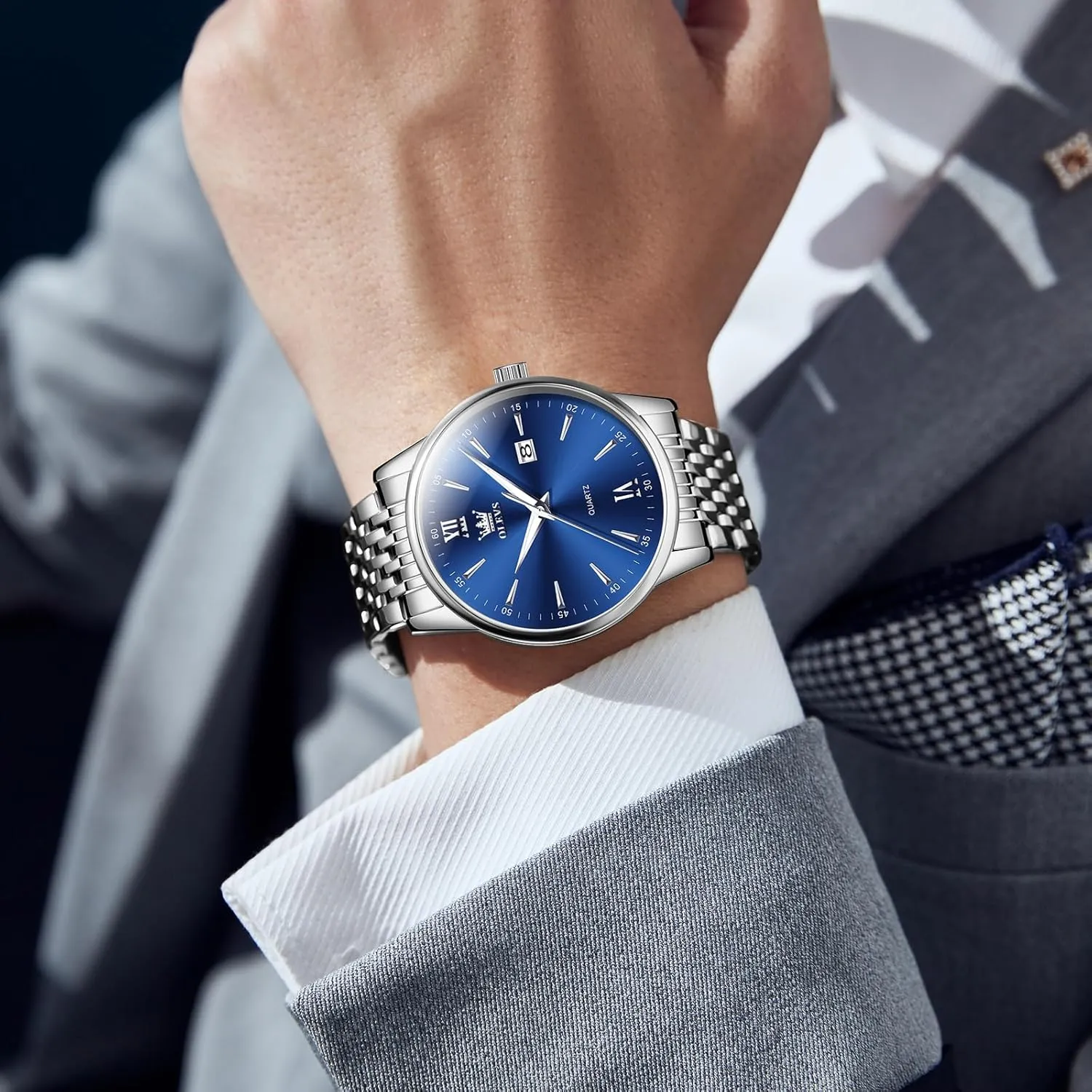 OLEVS Men's Watch,Classic Silver Watches for Men, Waterproof Stainless Steel Roman Numbers Men's Watch Easy to Read