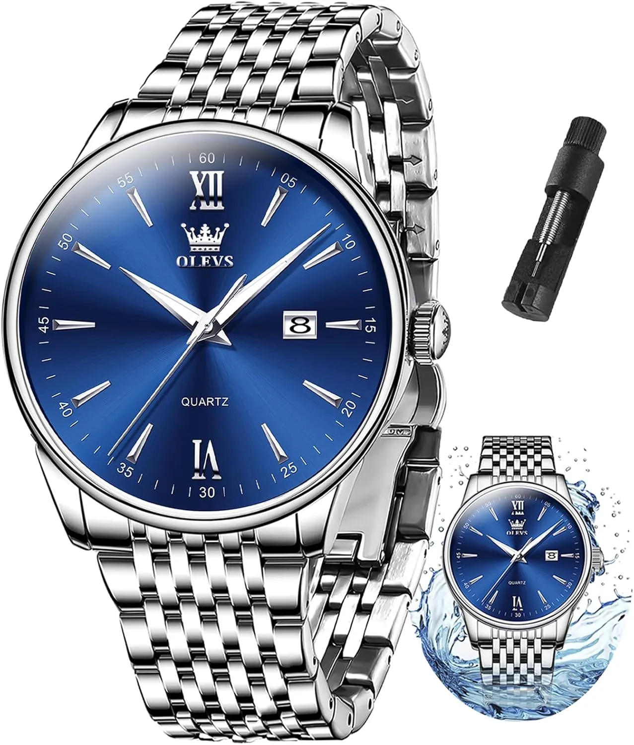 OLEVS Men's Watch,Classic Silver Watches for Men, Waterproof Stainless Steel Roman Numbers Men's Watch Easy to Read