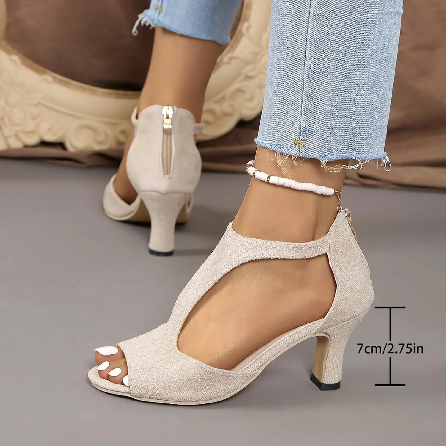 Orthopedic Heels for Women Summer 2025 High Heel Dress Shoes Open Toe Suede Sandals Cutout Roman Sandals with Back Zipper