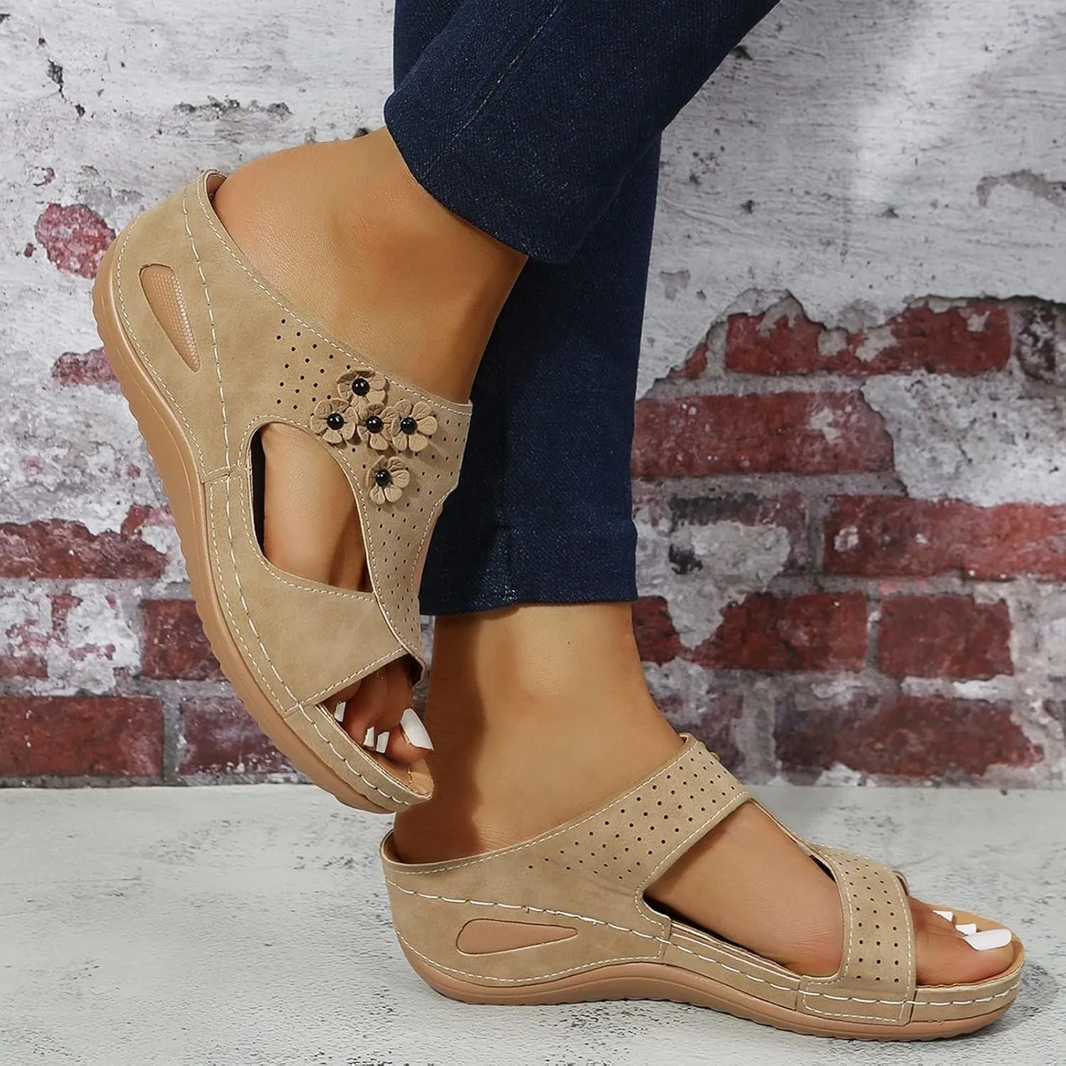 Orthopedic Sandals for Women Arch Support Sandals Women's Summer Hollow Out Flower Breathable Shoes, Platform Walking Sandal Fashion Cross Strap Open Toe Slippers