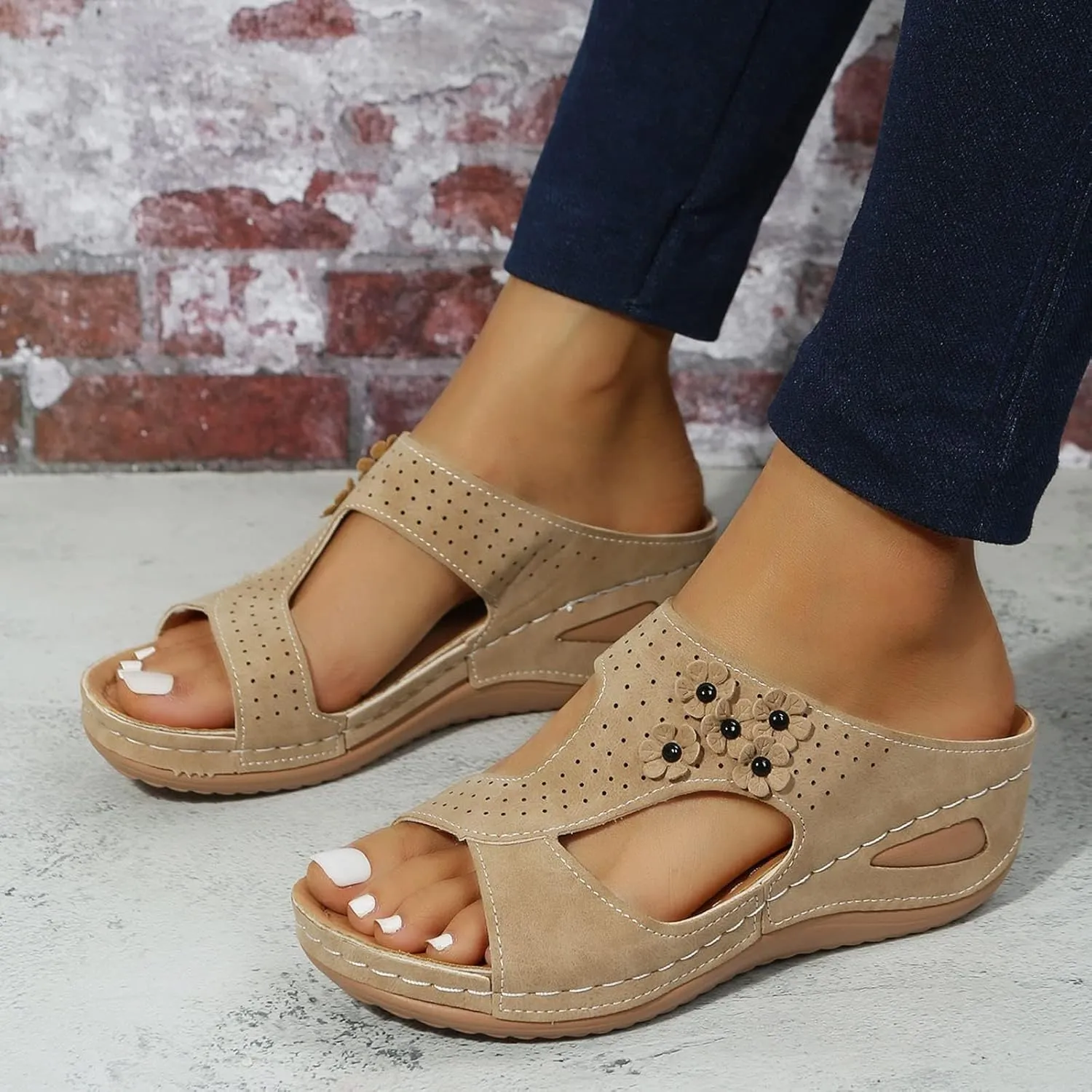 Orthopedic Sandals for Women Arch Support Sandals Women's Summer Hollow Out Flower Breathable Shoes, Platform Walking Sandal Fashion Cross Strap Open Toe Slippers