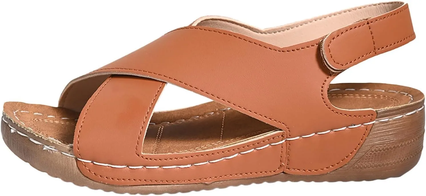 Orthopedic Sandals for Women Summer Arch Support Wedge Sandals, Fashion Cross Strap Open Toe Sandal Comfortable Ankle Strap Flat Casual Outdoor Slip On Slippers