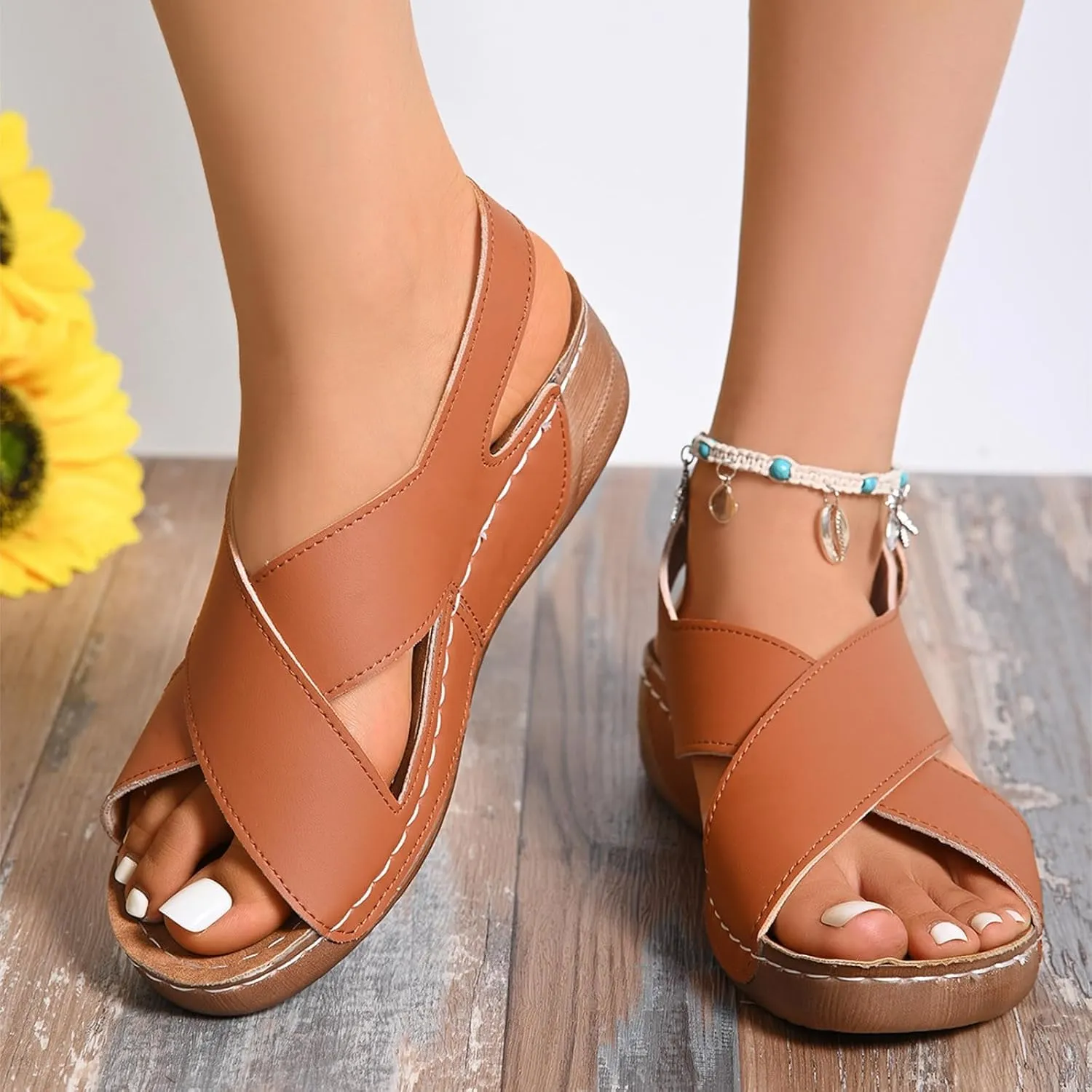 Orthopedic Sandals for Women Summer Arch Support Wedge Sandals, Fashion Cross Strap Open Toe Sandal Comfortable Ankle Strap Flat Casual Outdoor Slip On Slippers