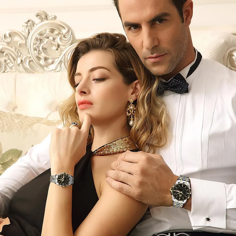 OUPINKE His and Her Couple Watches Fashion Dresse Diamond Romantic Set Pair Matching Gold Face Gold Stainless Steel Strap Luminous Waterproof Couple Wrist Watch