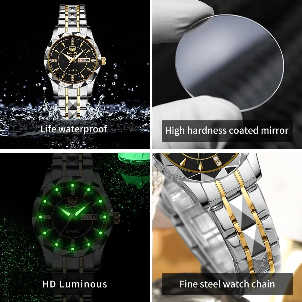 OUPINKE His and Her Couple Watches Fashion Dresse Diamond Romantic Set Pair Matching Gold Face Gold Stainless Steel Strap Luminous Waterproof Couple Wrist Watch