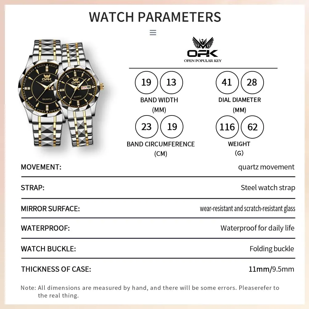 OUPINKE His and Her Couple Watches Fashion Dresse Diamond Romantic Set Pair Matching Gold Face Gold Stainless Steel Strap Luminous Waterproof Couple Wrist Watch