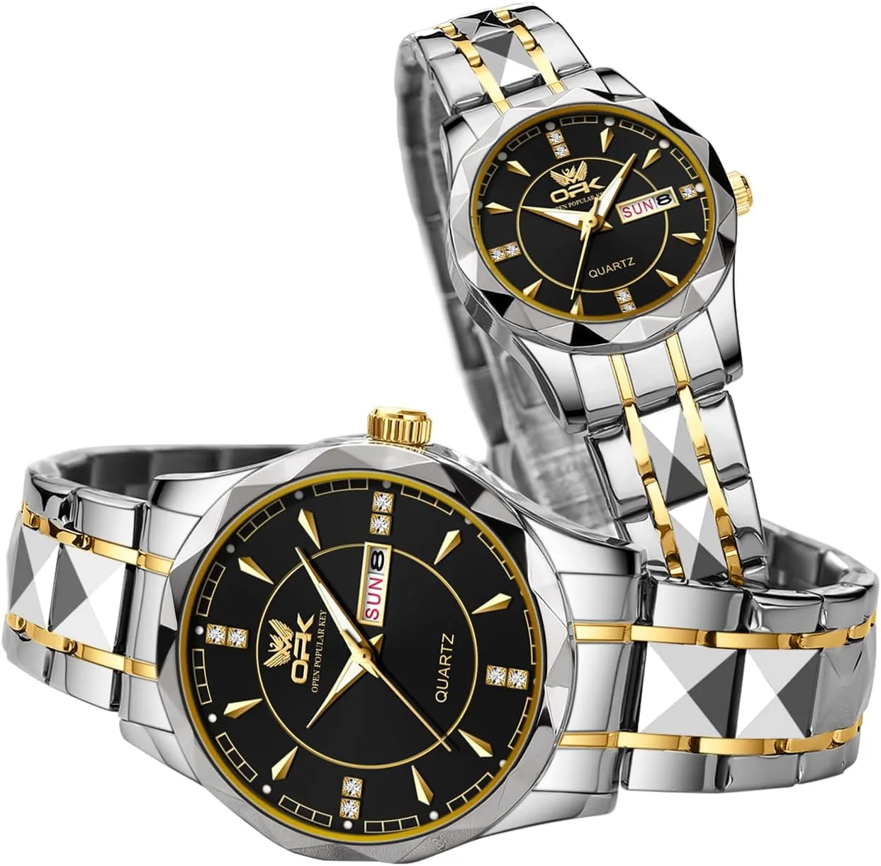 OUPINKE His and Her Couple Watches Fashion Dresse Diamond Romantic Set Pair Matching Gold Face Gold Stainless Steel Strap Luminous Waterproof Couple Wrist Watch
