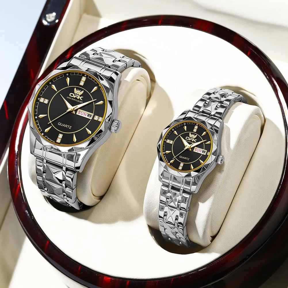 OUPINKE His and Her Couple Watches Fashion Dresse Diamond Romantic Set Pair Matching Gold Face Gold Stainless Steel Strap Luminous Waterproof Couple Wrist Watch