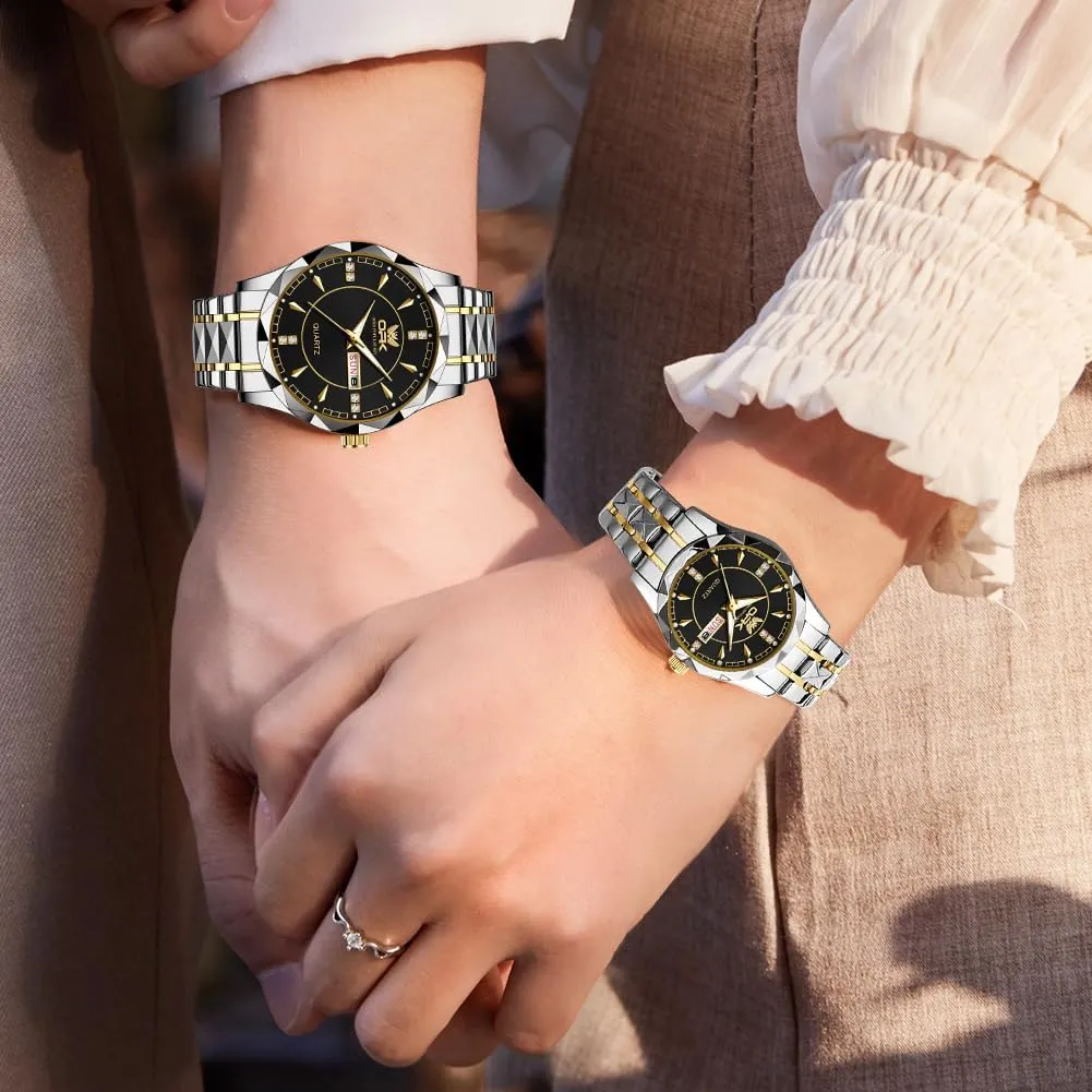 OUPINKE His and Her Couple Watches Fashion Dresse Diamond Romantic Set Pair Matching Gold Face Gold Stainless Steel Strap Luminous Waterproof Couple Wrist Watch