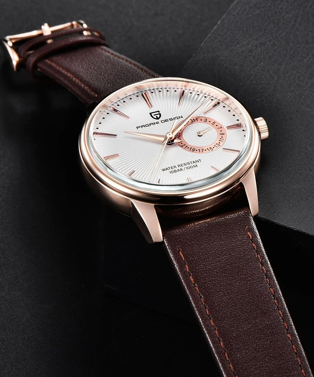 Pagani Design Men's Minimalist Quartz Watch, Casual Watches for Men, 40mm Case, Leather Strap, 100m Water Resistant, Date Display, Japanese Movement(VH65)