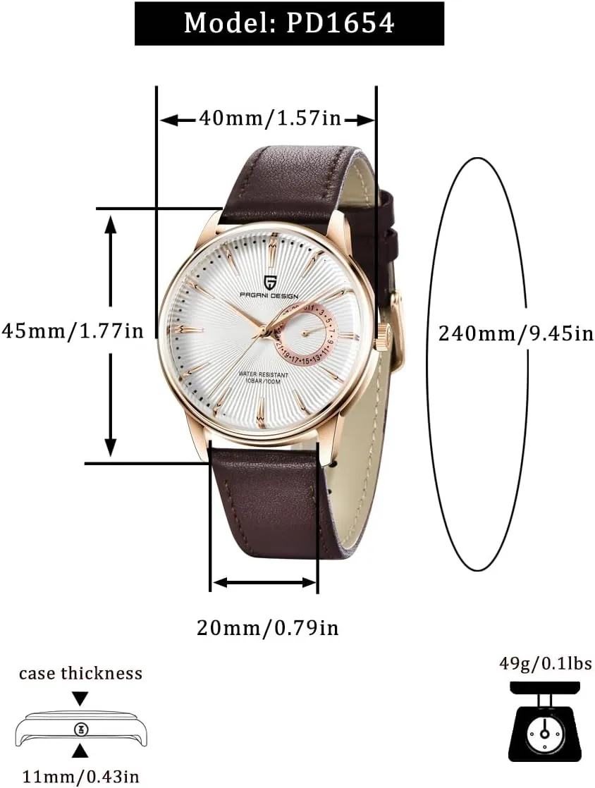 Pagani Design Men's Minimalist Quartz Watch, Casual Watches for Men, 40mm Case, Leather Strap, 100m Water Resistant, Date Display, Japanese Movement(VH65)