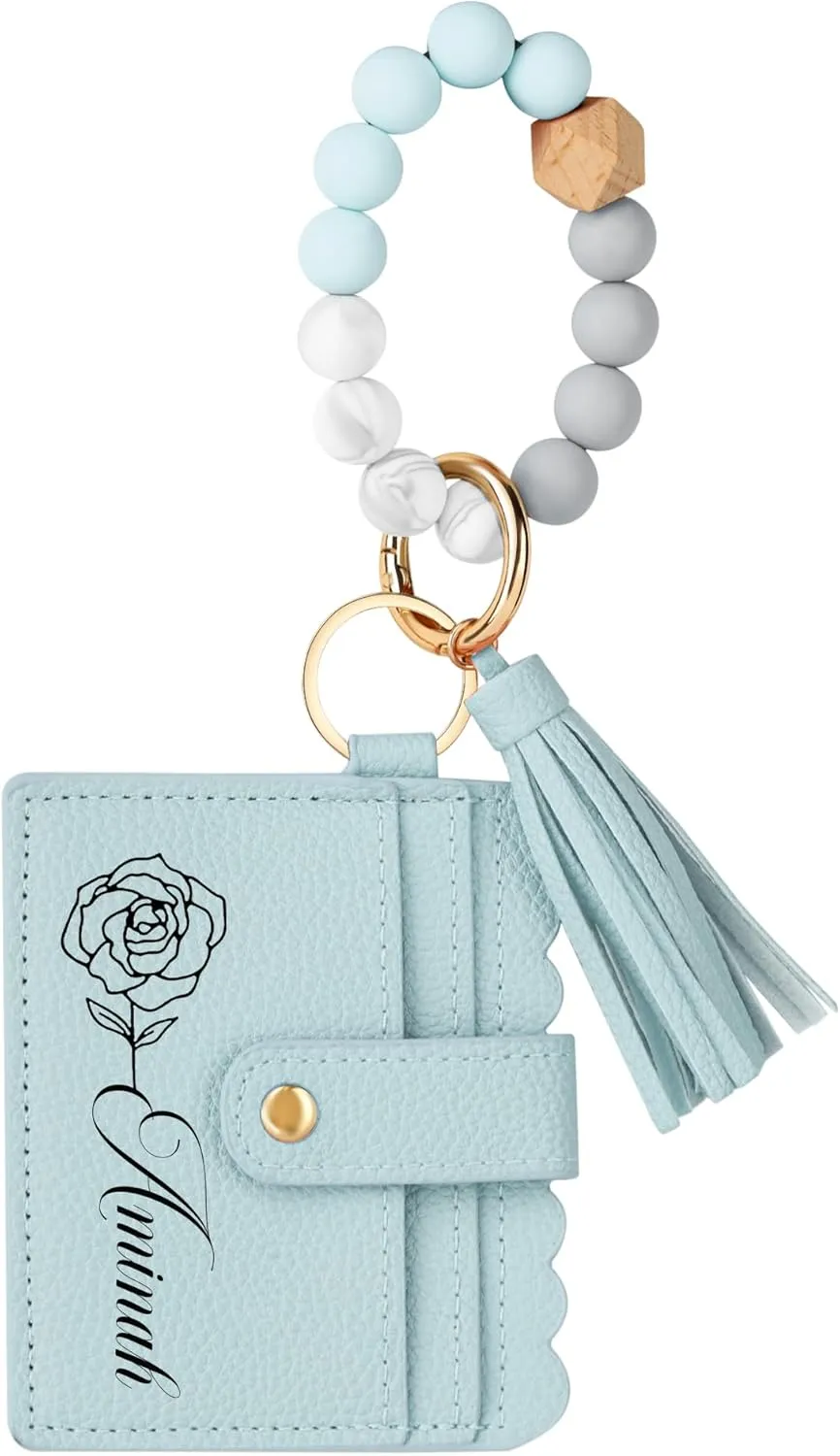 Personalized Birth Flower Keychain Wristlet Wallet Custom Leather Wallet with Beaded Bracelet & Name Birthday Christmas Mother's Day Gift for Women Mom