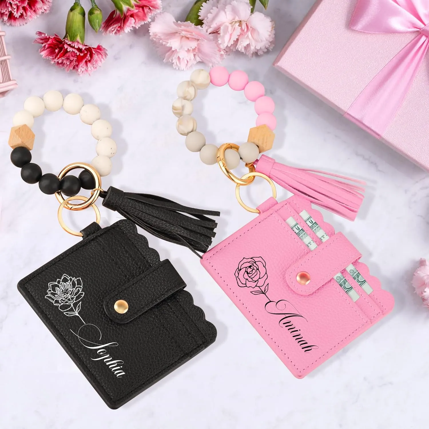 Personalized Birth Flower Keychain Wristlet Wallet Custom Leather Wallet with Beaded Bracelet & Name Birthday Christmas Mother's Day Gift for Women Mom