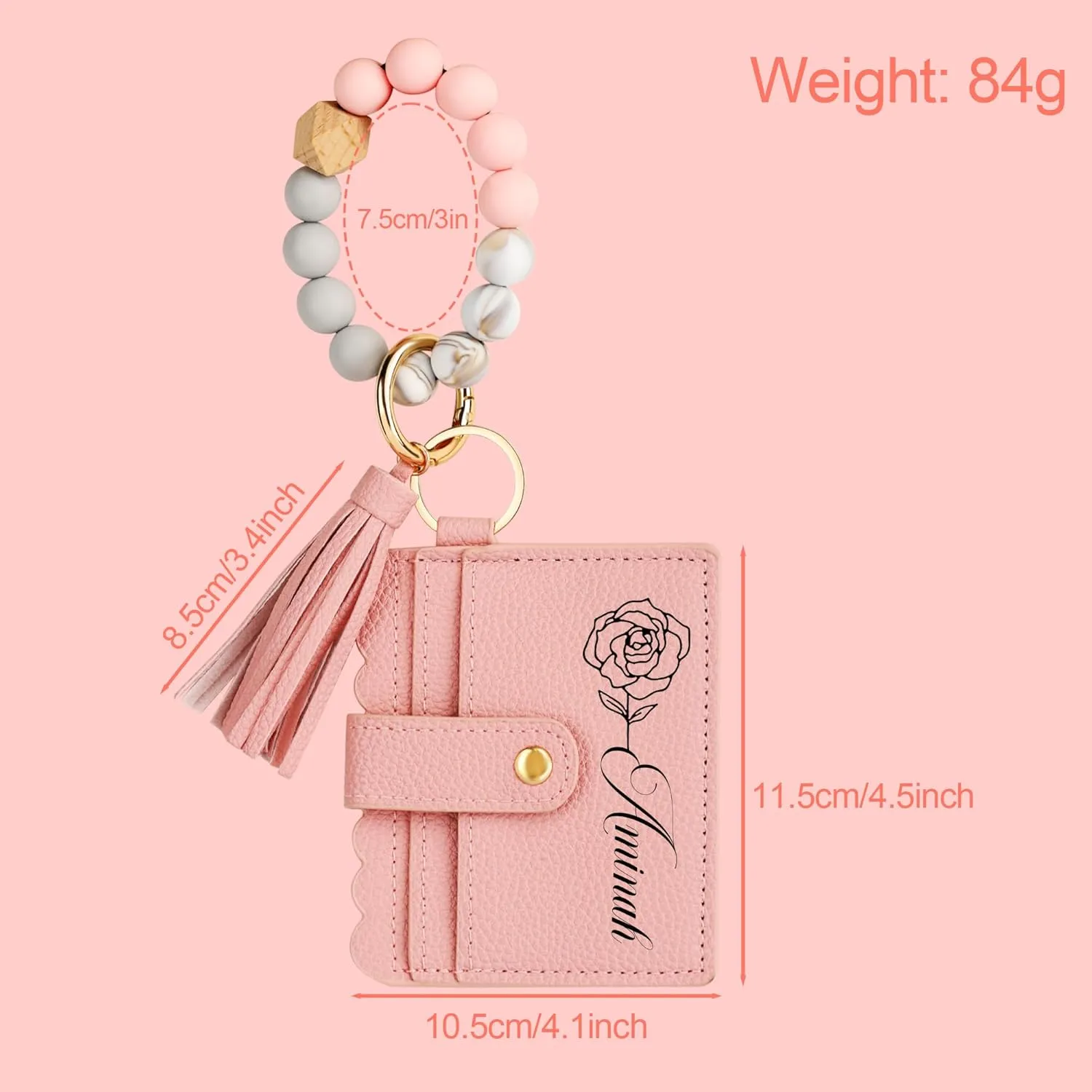 Personalized Birth Flower Keychain Wristlet Wallet Custom Leather Wallet with Beaded Bracelet & Name Birthday Christmas Mother's Day Gift for Women Mom