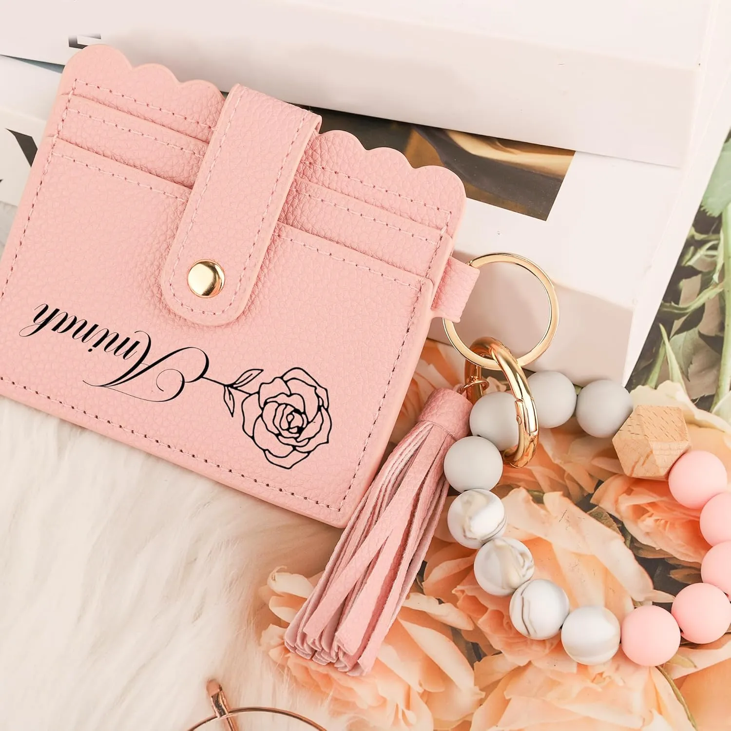 Personalized Birth Flower Keychain Wristlet Wallet Custom Leather Wallet with Beaded Bracelet & Name Birthday Christmas Mother's Day Gift for Women Mom