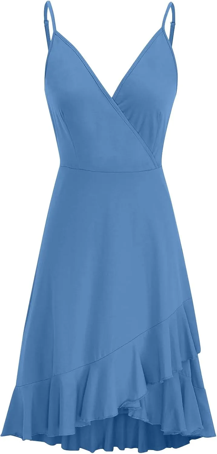 PETYCZEN Mini Dresses for Women Summer Sexy V Neck Sleeveless Wrap Slip Dress Casual Spaghetti Strap Ruffle Dress Sundresses