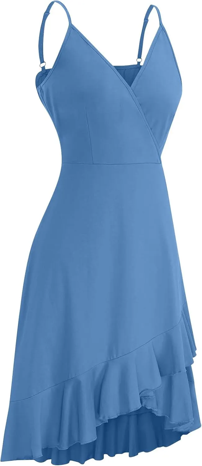 PETYCZEN Mini Dresses for Women Summer Sexy V Neck Sleeveless Wrap Slip Dress Casual Spaghetti Strap Ruffle Dress Sundresses
