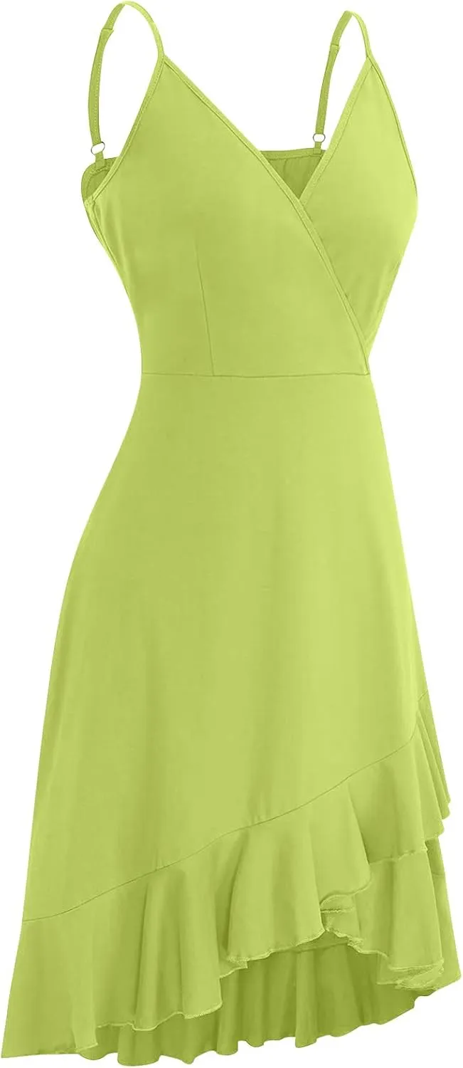 PETYCZEN Mini Dresses for Women Summer Sexy V Neck Sleeveless Wrap Slip Dress Casual Spaghetti Strap Ruffle Dress Sundresses