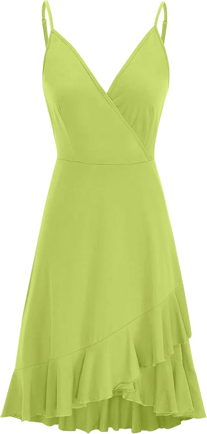PETYCZEN Mini Dresses for Women Summer Sexy V Neck Sleeveless Wrap Slip Dress Casual Spaghetti Strap Ruffle Dress Sundresses