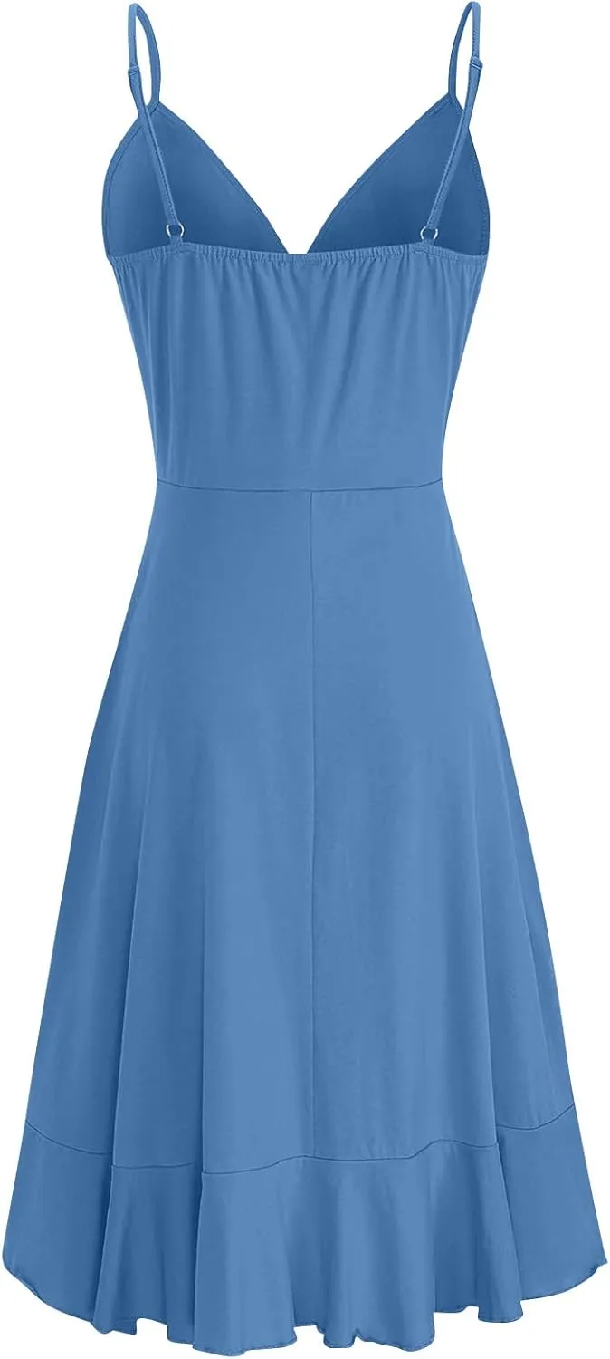 PETYCZEN Mini Dresses for Women Summer Sexy V Neck Sleeveless Wrap Slip Dress Casual Spaghetti Strap Ruffle Dress Sundresses