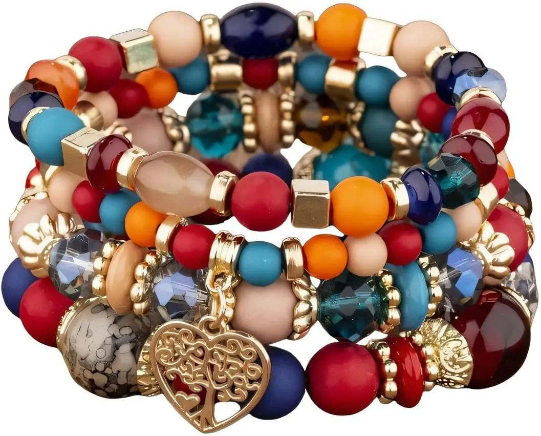 Pingyongchang Stackable Multi Layer Bohemian Bead Bracelets for Women Handmade Colorful Stack Beads Heart Charm Stretch Bangles Bracelet Holiday Beach Anklets Jewelry Bracelets 4 pieces