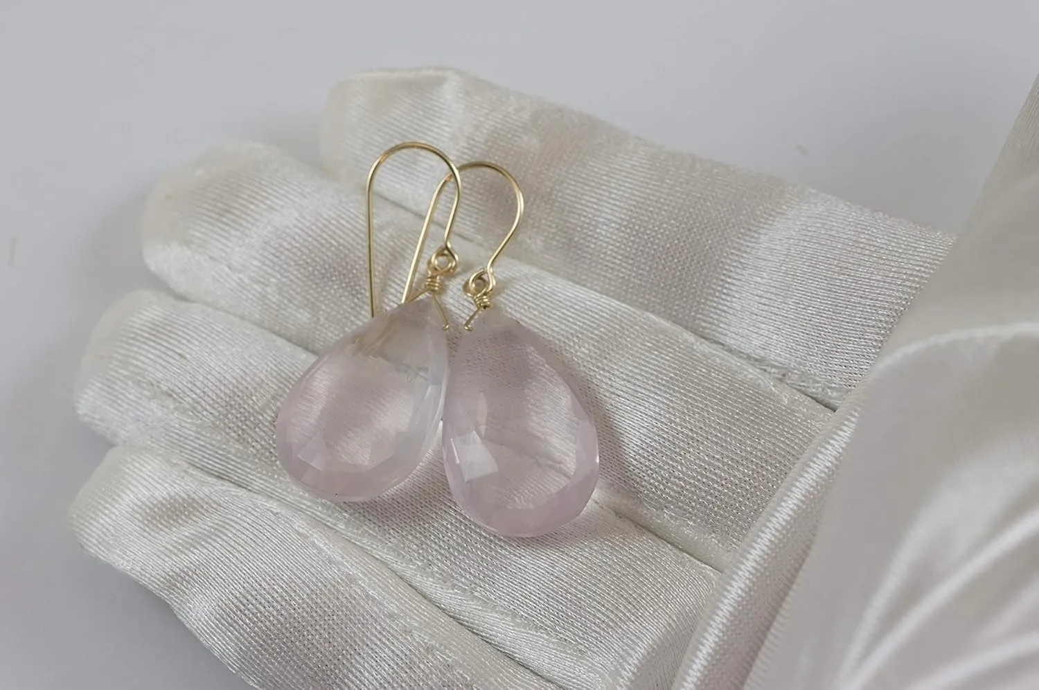 Pink Rose Quartz Earrings Large Long Faceted Cut Teardrops Soft Pink Briolette Drops