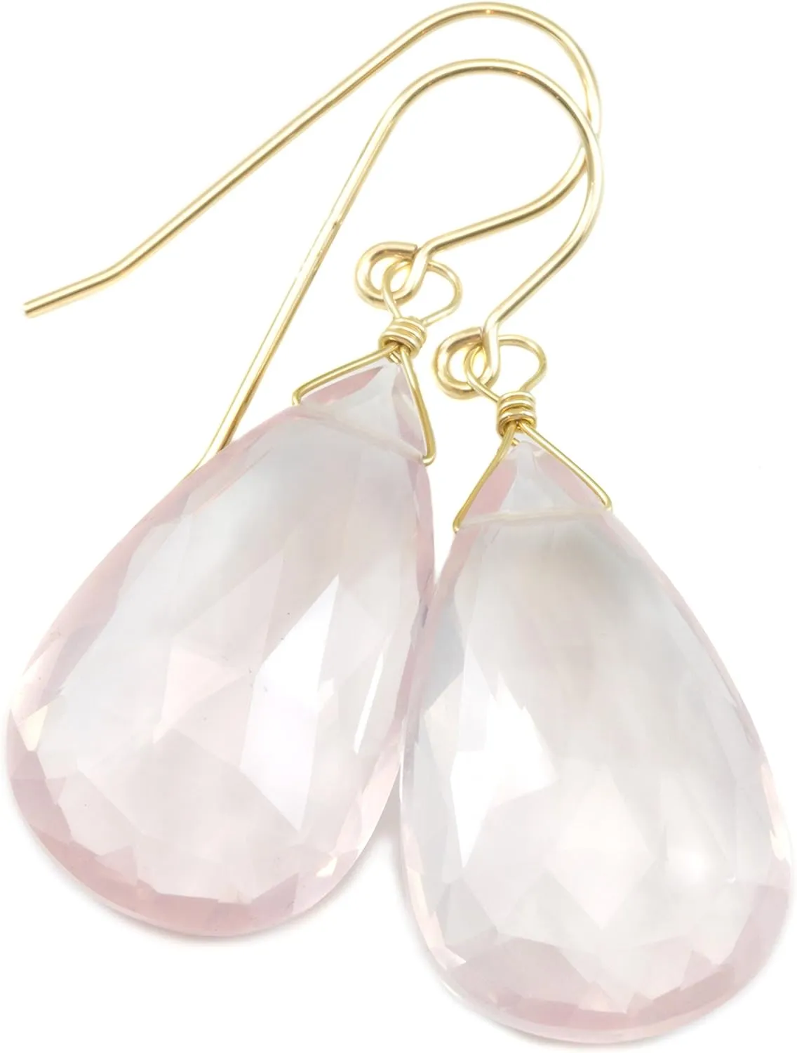 Pink Rose Quartz Earrings Large Long Faceted Cut Teardrops Soft Pink Briolette Drops