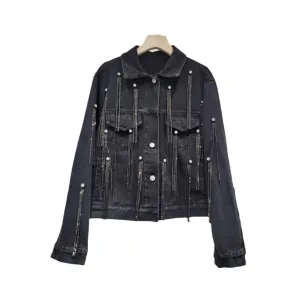 Pre Order:  Diamond Tassel Long Sleeve Black Denim Jacket