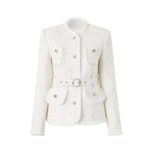 Pre Order:  White Woolen Patchwork Belted Jacket