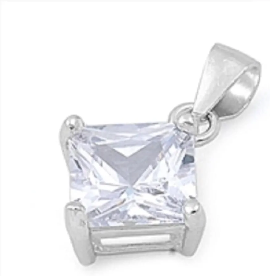 Princess Cut Prong Set Cubic Zirconia Pendant Sterling Silver