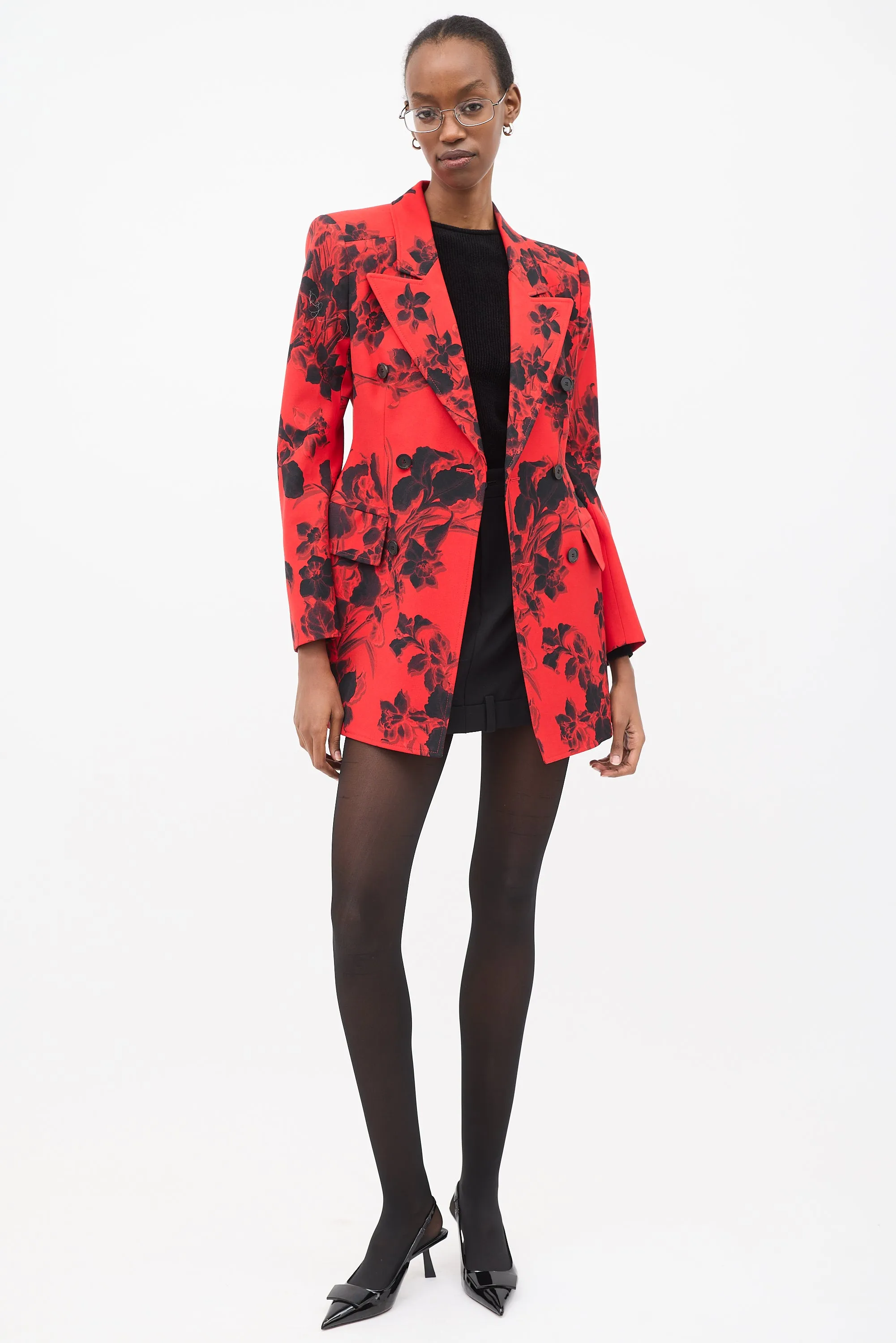 Red & Black Wool Floral Hourglass Blazer