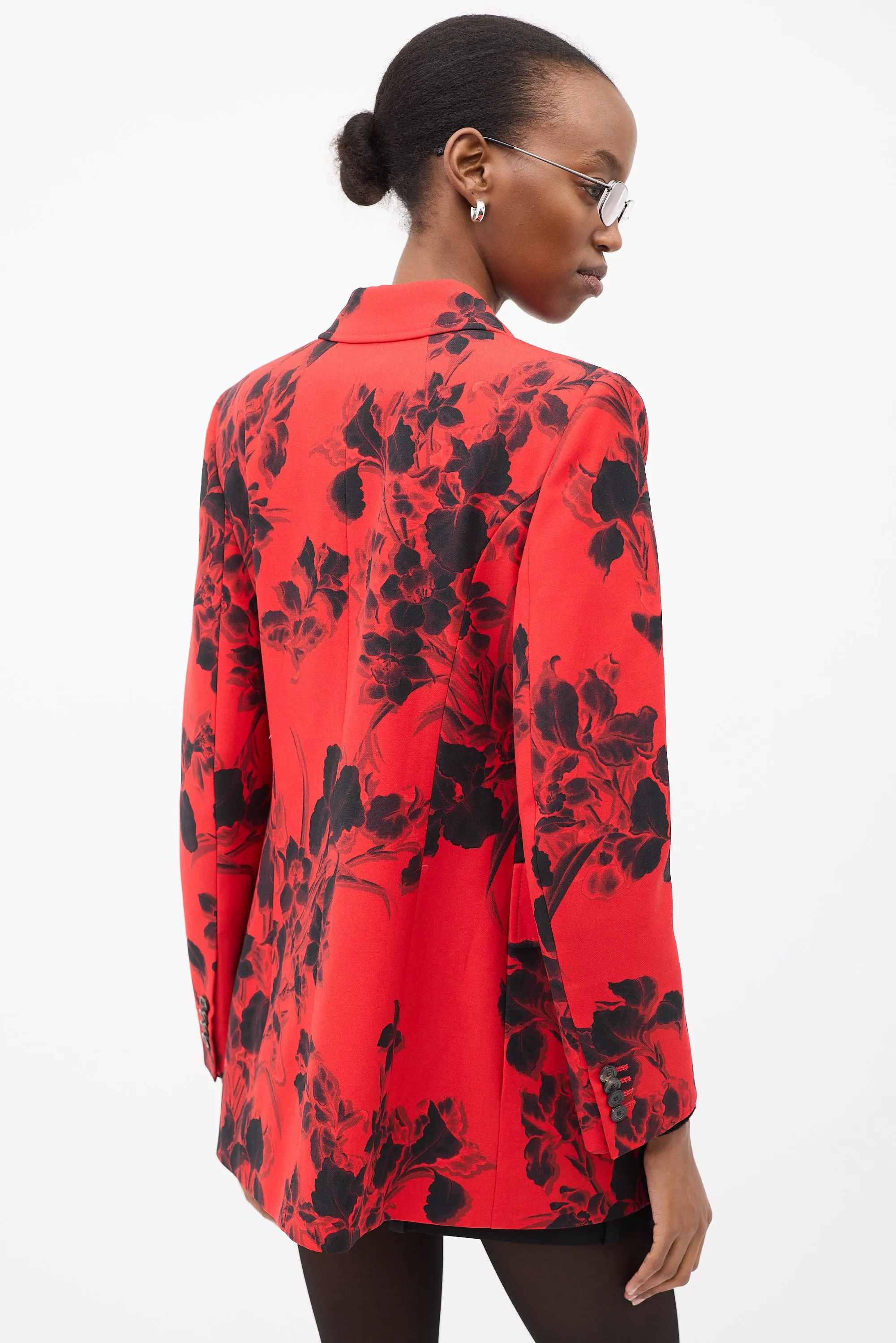 Red & Black Wool Floral Hourglass Blazer